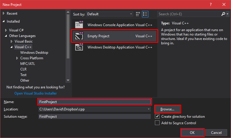 Creating a new project in Visual Studio - C++ Basic Constructs