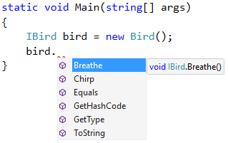 Methods of a bird stored in a variable of the IBird interface - Object-Oriented Programming in C# .NET