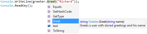 Greeter object methods in Visual Studio - Object-Oriented Programming in C# .NET