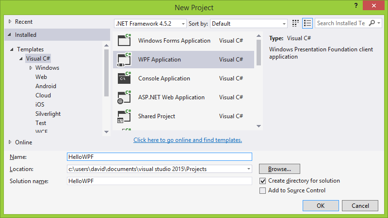 New C# .NET WPF application project in Visual Studio - Form Applications in C# .NET WPF