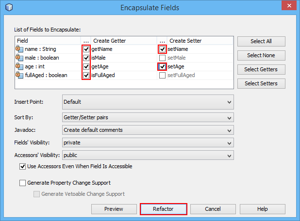 Encapsulating fields in NetBeans automatically - Object-Oriented Programming in Java