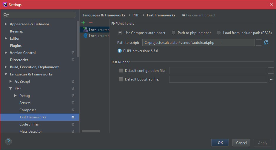 Setting the Composer autoloader in PhpStorm - Testing in PHP