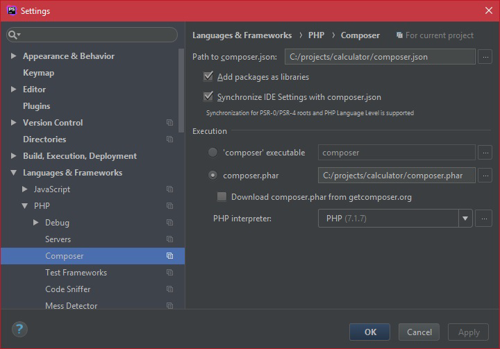 PhpStorm Composer Settings - Testing in PHP