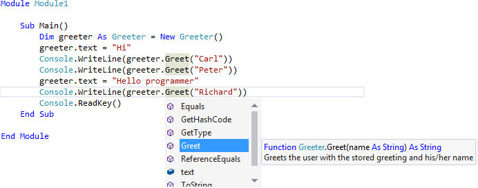 Greeter object methods in Visual Studio - Object-Oriented Programming in VB.NET