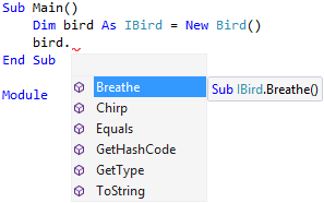 Methods of a bird stored in a variable of the IBird interface - Object-Oriented Programming in VB.NET