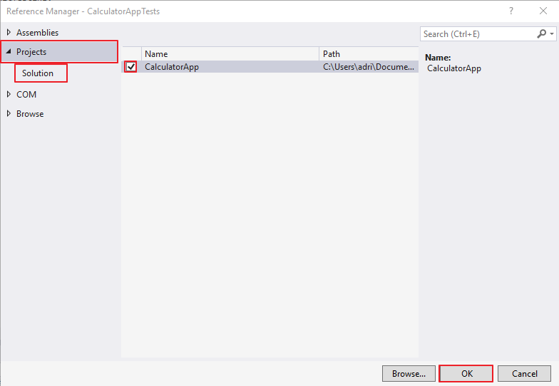 Adding a project reference for testing in Visual Studio - Testing in C# .NET