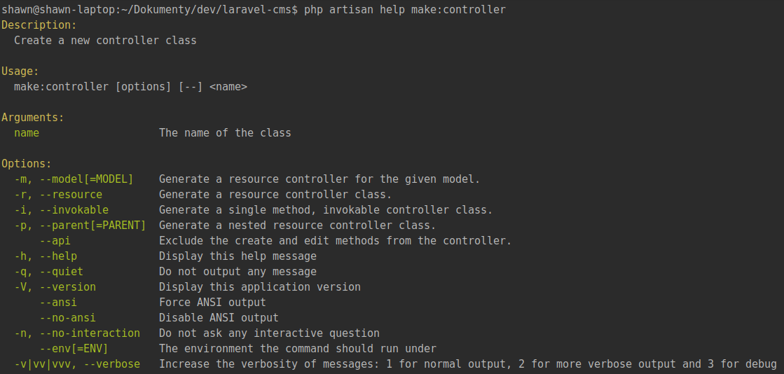 The help text for the artisan make:controller command in the Laravel framework - Laravel Framework for PHP