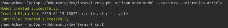 Output of the Artisan command for creating models in the Laravel PHP framework - Laravel Framework for PHP